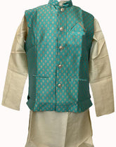 Off White Men's Kurta with Teal jacket - MIRASILKS Off White Men's Kurta with Teal jacket